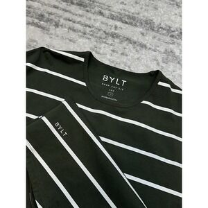 BYLT Drop Cut Lux Shirt Dark Green Striped Short Sleeve Men's M Causal Curved‎